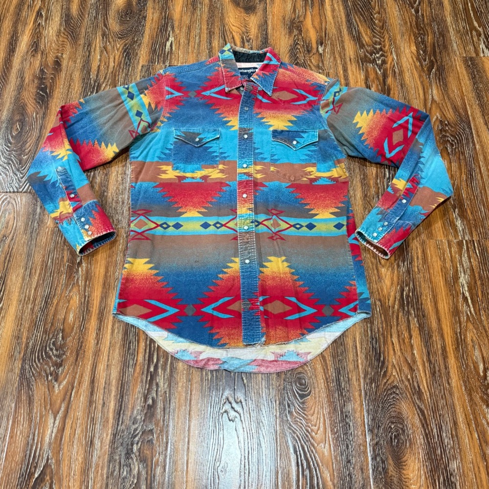 VTG Wrangler 16-35 Flannel Brushpopper Mens Southwestern Pearl Snap Shirt L